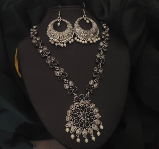 Glamaya Elegant Black Oxidised Necklace Earring Set - Traditional Indian Style 1 GLAM-CN-OX-60-861342-89-2