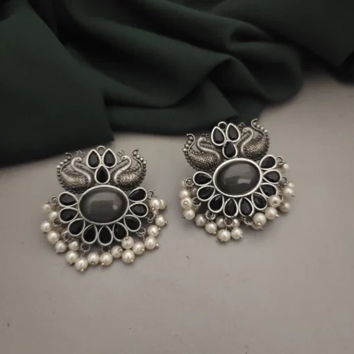 Glamaya Silver Peacock Stone Stud Earrings - Elegant Affordable Style 1 GLAM-ER-ST-21F4-819296-35-7