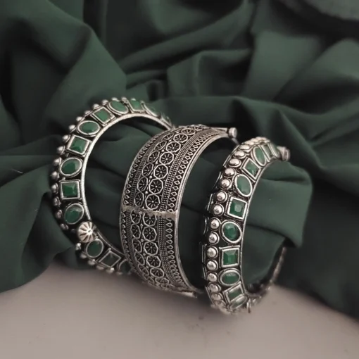 Glamaya Green Oxidised Bangles Set - Indian Style Trio 1 GLAM-CB-OX-103F3-544267-175-6