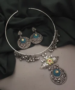 Glamaya Sky Blue Oxidised Kundan Hasli Set - Ethnic Necklace Earrings 1 GLAM-CN-KU-100-330665-150-2