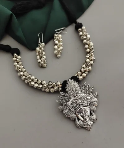 Glamaya Glamorous Festive Necklace Earring Set: Trendy Oxidised Ghungroo Durga Thread 1 GLAM-CN-TH-60-611179-89-2