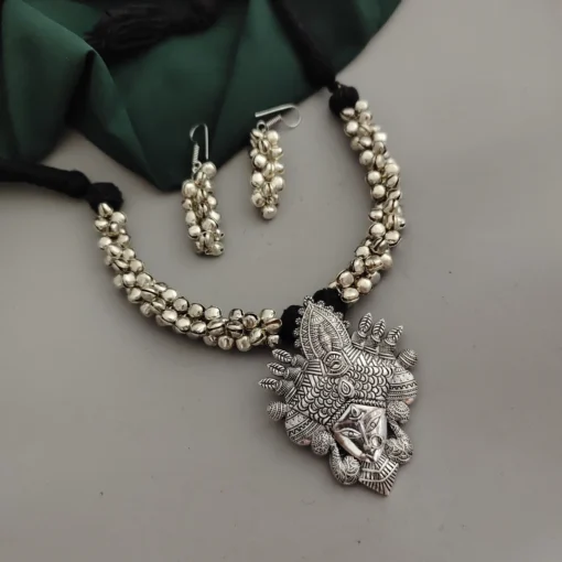 Glamaya Glamorous Festive Necklace Earring Set: Trendy Oxidised Ghungroo Durga Thread 1 GLAM-CN-TH-60-611179-89-2