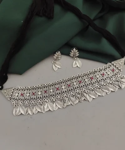 Glamaya Leaf Choker Necklace Earring Set - Trendy Oxidised Style For Women 1 GLAM-CN-OX-60-827833-89-2