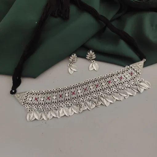 Glamaya Leaf Choker Necklace Earring Set - Trendy Oxidised Style For Women 1 GLAM-CN-OX-60-827833-89-2