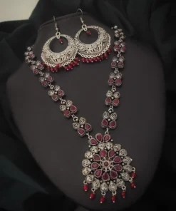 Glamaya Red Oxidised Statement Necklace Earrings 1 GLAM-CN-OX-60-837290-89-2