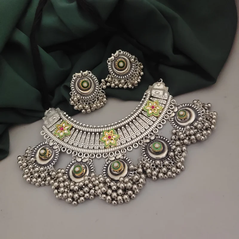 Glamaya Stylish Oxidised Choker Set: Trendy Necklace & Earrings 1 GLAM-CN-OX-60-156769-100-3