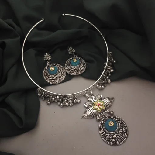 Glamaya Sky Oxidised Hasli Necklace Earring Set: Trendy Ethnic Combo 1 GLAM-CN-OX-30-846907-50-6