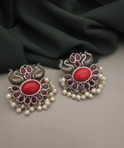 Glamaya Silver Peacock Stud Earrings With Semi Precious Stones - Online Exclusive 1 GLAM-ER-ST-30-439979-49-5