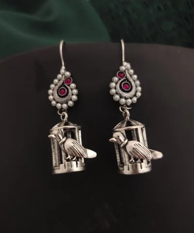 Glamaya Red Oxidised Bird Cage Jhumkas - Ethnic Elegance 1 GLAM-ER-OX-5F6-300895-10-9