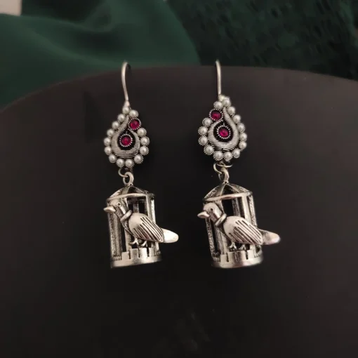Glamaya Red Oxidised Bird Cage Jhumkas - Ethnic Elegance 1 GLAM-ER-OX-5F6-300895-10-9
