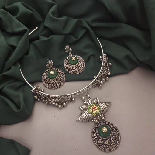 Glamaya Green Oxidised Hasli Necklace & Earring Set - Indian Combo Jewelry 1 GLAM-CN-OX-30-966712-50-6