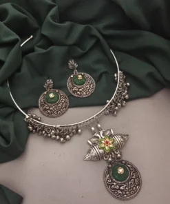 Glamaya Green Oxidised Hasli Necklace & Earring Set - Indian Combo Jewelry 1 GLAM-CN-OX-30-966712-50-6