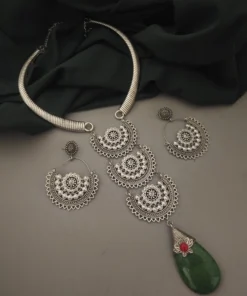 Glamaya Green Oxidised Tie Necklace Set - Trendy Earrings Included 1 GLAM-CN-OX-60-155631-89-2