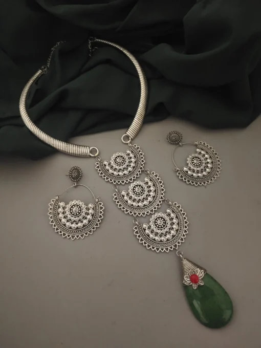 Glamaya Green Oxidised Tie Necklace Set - Trendy Earrings Included 1 GLAM-CN-OX-60-155631-89-2