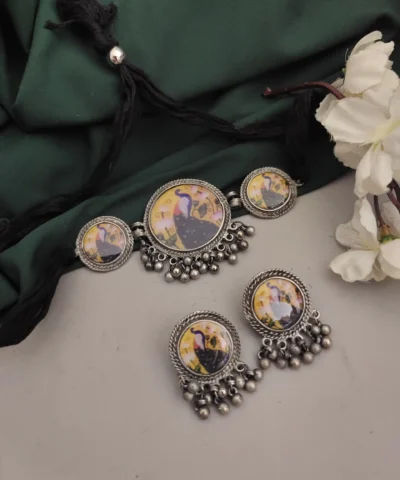 Glamaya Peacock Choker & Earring Set: Black Oxidised Beauty 1 GLAM-CN-BP-60-147129-89-2