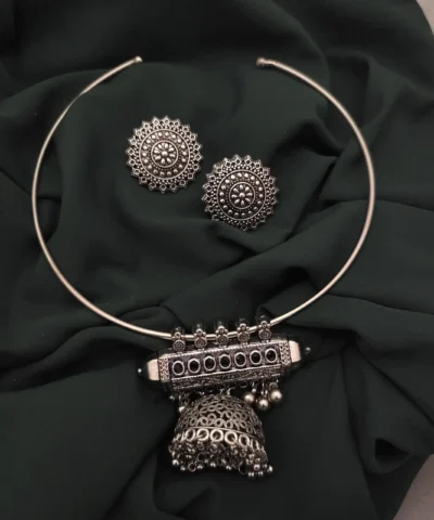 Glamaya Black Oxidised Stone Jhumka Hasli Set - Indian Elegance 1 GLAM-CN-ST-28-400862-42-5