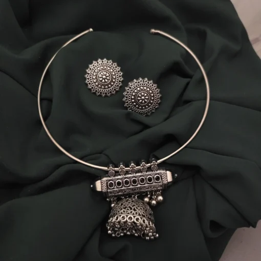 Glamaya Black Oxidised Stone Jhumka Hasli Set - Indian Elegance 1 GLAM-CN-ST-28-400862-42-5