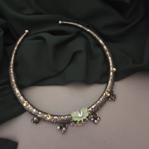 Glamaya Mint Green Oxidised Hasli Necklace - Trendy & Affordable Women's Jewelry 1 GLAM-NE-OX-47F5-865563-75-4