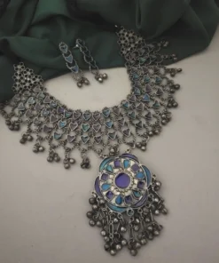 Glamaya Blue Oxidised Afghani Choker Necklace Set With Earrings - Trendy Women's Jewelry 1 GLAM-CN-BP-50-264025-86-5