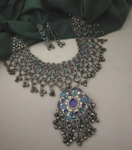 Glamaya Blue Oxidised Afghani Choker Necklace Set With Earrings - Trendy Women's Jewelry 1 GLAM-CN-BP-50-264025-86-5