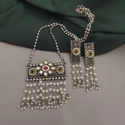 Glamaya Oxidised Fusion Long Chain Necklace Earrings Set 1 GLAM-CN-OX-60-815129-89-2