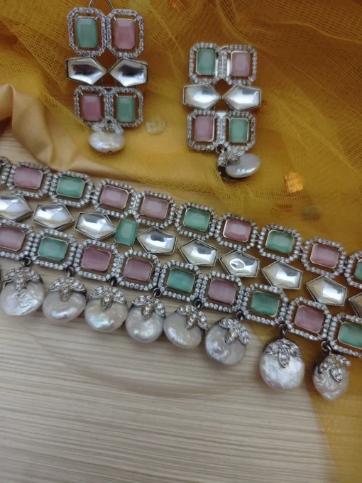 Glamaya Mint Pink Pearl Diamond Choker & Earrings Set 2 GLAM-CN-CZ-700-538970-763-4
