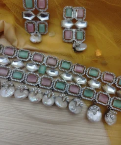 Glamaya Mint Pink Pearl Diamond Choker & Earrings Set 2 GLAM-CN-CZ-700-538970-763-4