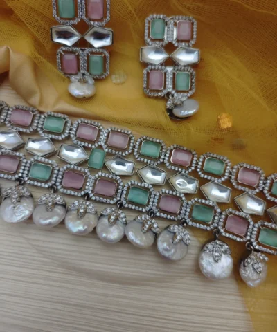 Glamaya Mint Pink Pearl Diamond Choker & Earrings Set 2 GLAM-CN-CZ-700-538970-763-4
