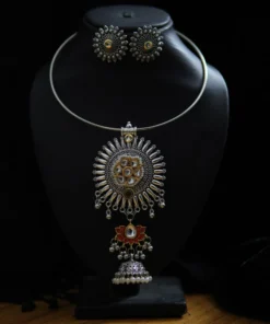 Glamaya Stylish Oxidised Fusion Hasli Set: Trendy Necklace & Earrings Combo 1 GLAM-CN-OX-23F3-431268-35-6