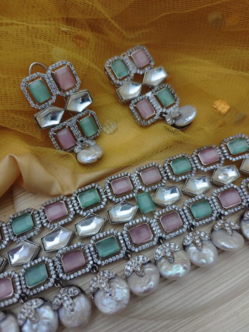 Glamaya Mint Pink Pearl Diamond Choker & Earrings Set 3 GLAM-CN-CZ-700-538970-763-4