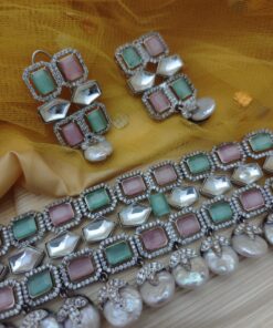 Glamaya Mint Pink Pearl Diamond Choker & Earrings Set 3 GLAM-CN-CZ-700-538970-763-4