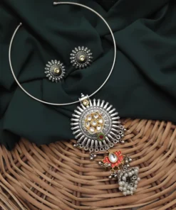 Glamaya Stylish Oxidised Fusion Hasli Set: Trendy Necklace & Earrings Combo 2 GLAM-CN-OX-23F3-431268-35-6