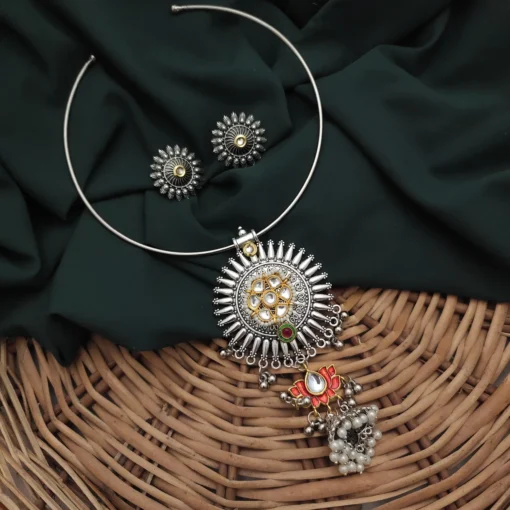 Glamaya Stylish Oxidised Fusion Hasli Set: Trendy Necklace & Earrings Combo 2 GLAM-CN-OX-23F3-431268-35-6 Glamaya Stylish Oxidised Fusion Hasli Set: Trendy Necklace & Earrings Combo 2 GLAM-CN-OX-23F3-431268-35-6