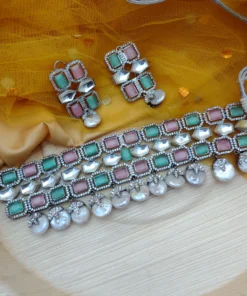 Glamaya Mint Pink Pearl Diamond Choker & Earrings Set 1 GLAM-CN-CZ-700-538970-763-4