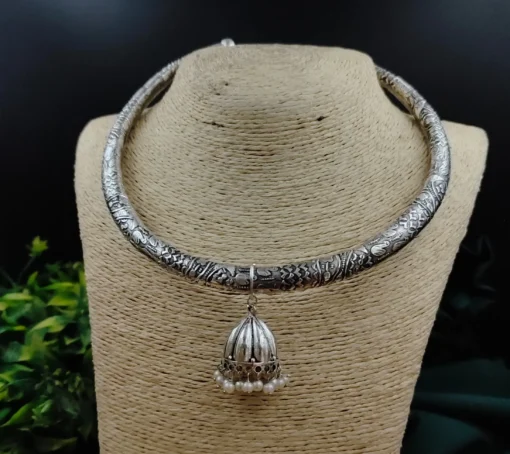 Glamaya Exquisite Oxidised Jhumki Halsi Necklace - Handcrafted Elegance 1 GLAM-NE-OX-21F7-958553-33-6