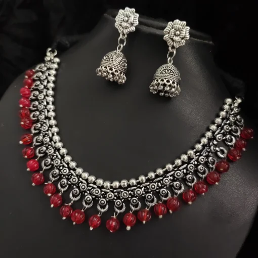 Glamaya Oxidised Beads German Silver Necklace Earring Set 1 GLAM-CN-BE-30-567755-49-5