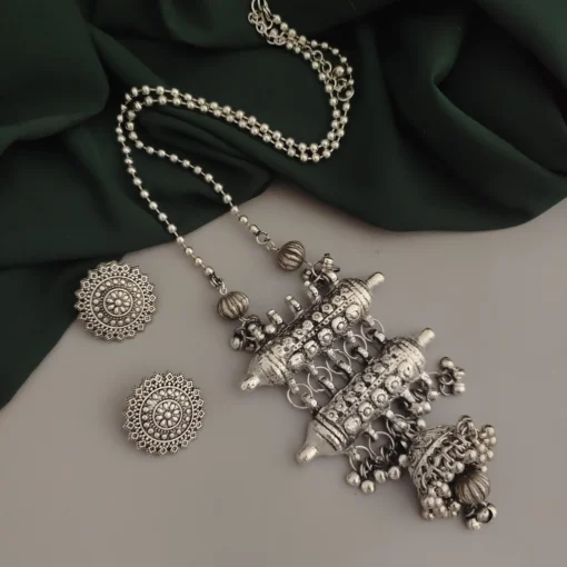 Glamaya Oxidised Long Chaoin Tribal Necklace Earrings Set 1 GLAM-CN-OX-30-552870-49-5