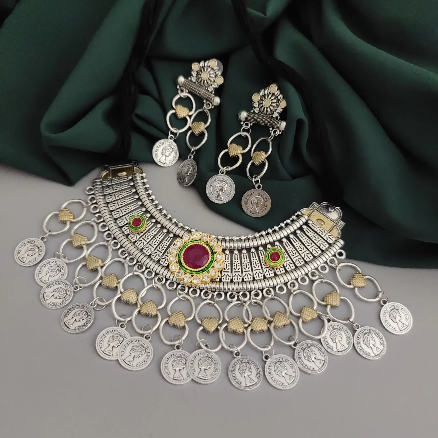 Glamaya Oxidised Two Tone Necklace Earrings Set 1 GLAM-CN-TT-30-930534-50-6