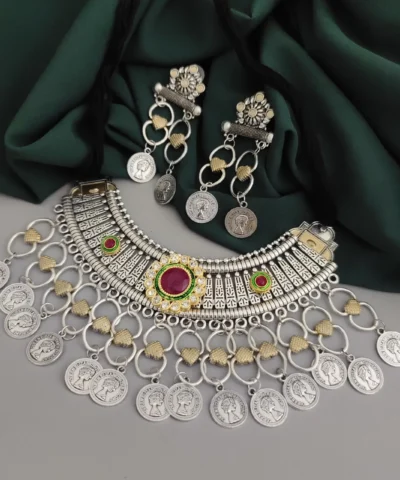 Glamaya Oxidised Two Tone Necklace Earrings Set 1 GLAM-CN-TT-30-930534-50-6