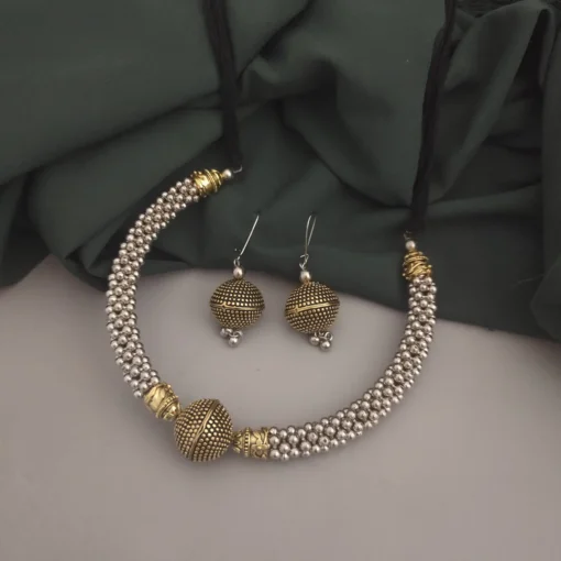 Glamaya Oxidised Two Tone Ghungroo Hasli Necklace Earrings Set 2 GLAM-CN-TT-22-874615-35-5 Glamaya Oxidised Two Tone Ghungroo Hasli Necklace Earrings Set 2 GLAM-CN-TT-22-874615-35-5