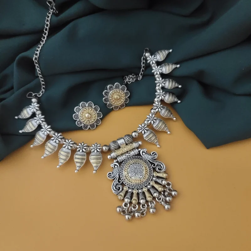 Glamaya Oxidised Two Tone Choker Necklace Earrings Set 1 GLAM-CN-TT-50-904714-82-2