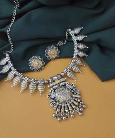 Glamaya Oxidised Two Tone Choker Necklace Earrings Set 1 GLAM-CN-TT-50-904714-82-2