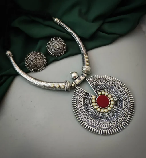 Glamaya Oxidized German Silver Hasli Necklace Earrings Set 1 GLAM-CN-OX-90-075991-150-2