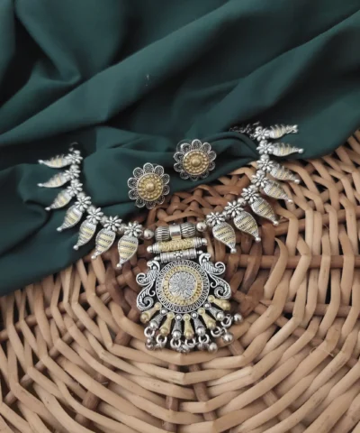 Glamaya Oxidised Two Tone Choker Necklace Earrings Set 2 GLAM-CN-TT-50-904714-82-2