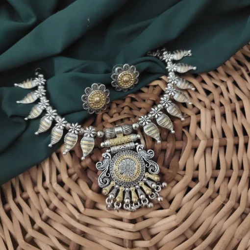 Glamaya Oxidised Two Tone Choker Necklace Earrings Set 3 GLAM-CN-TT-50-904714-82-2 Glamaya Oxidised Two Tone Choker Necklace Earrings Set 3 GLAM-CN-TT-50-904714-82-2