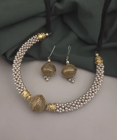 Glamaya Oxidised Two Tone Ghungroo Hasli Necklace Earrings Set 1 GLAM-CN-TT-22-874615-35-5