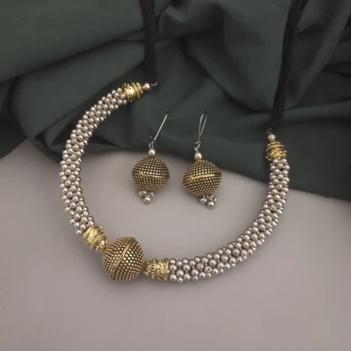 Glamaya Oxidised Two Tone Ghungroo Hasli Necklace Earrings Set 1 GLAM-CN-TT-22-874615-35-5