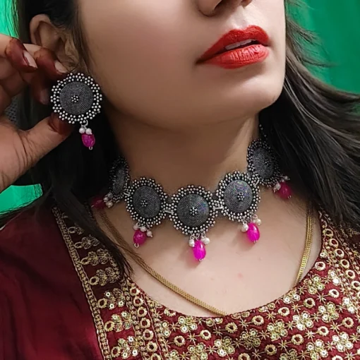 Glamaya Oxidised Beads Choker Necklace Earring Set 3 GLAM-CN-BE-21F7-895405-33-6 Glamaya Oxidised Beads Choker Necklace Earring Set 3 GLAM-CN-BE-21F7-895405-33-6