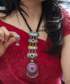 Glamaya Oxidised Meenakari Tie Necklace Earrings Set 8 GLAM-CN-ME-18-111579-33-5 Glamaya Oxidised Meenakari Tie Necklace Earrings Set 8 GLAM-CN-ME-18-111579-33-5