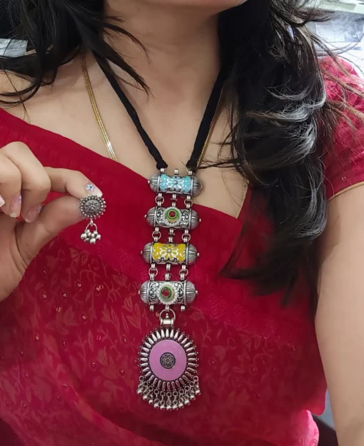 Glamaya Oxidised Meenakari Tie Necklace Earrings Set 8 GLAM-CN-ME-18-111579-33-5 Glamaya Oxidised Meenakari Tie Necklace Earrings Set 8 GLAM-CN-ME-18-111579-33-5